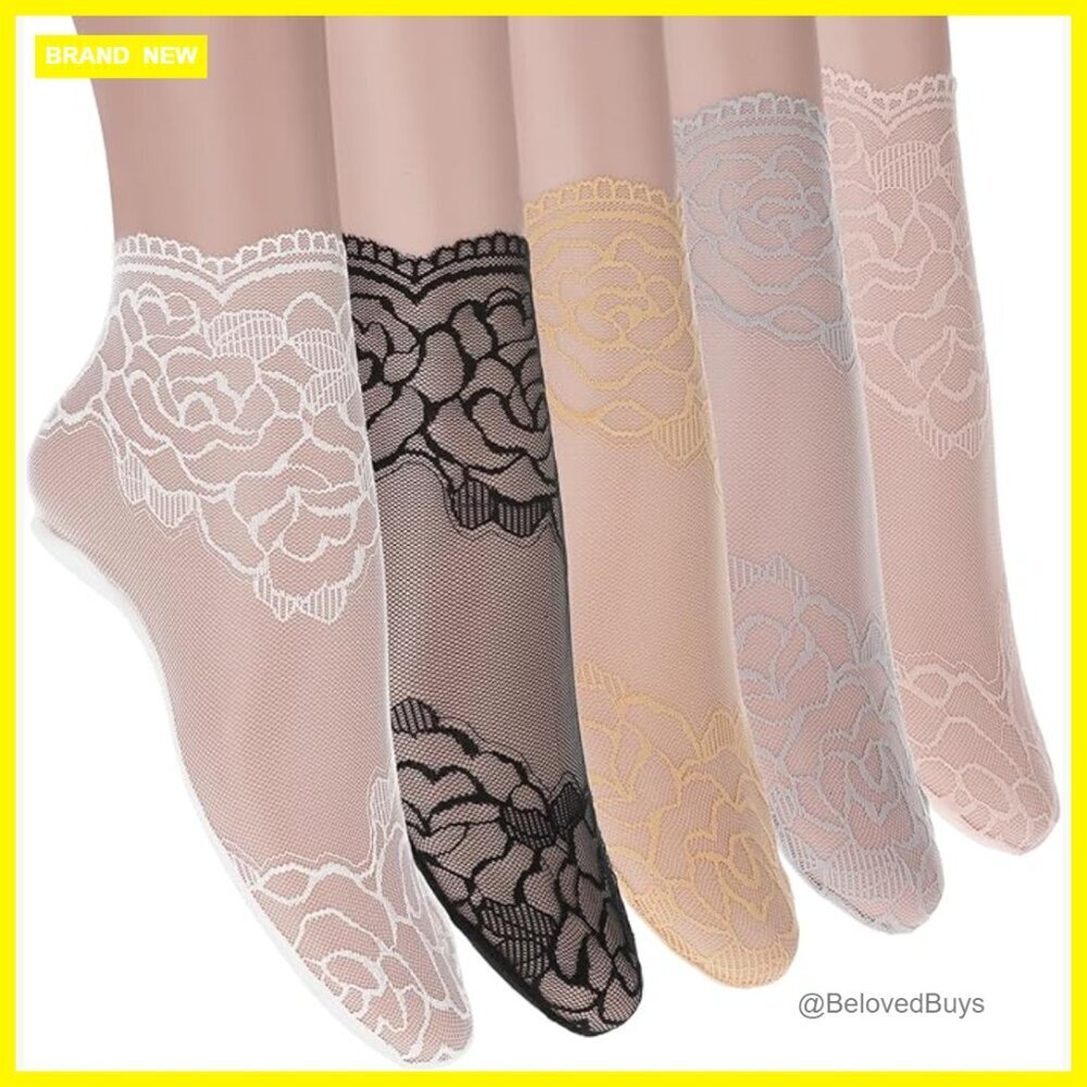 5 Pairs Women's Lace Ankle Socks Sheer Fishnet Mesh Cotton